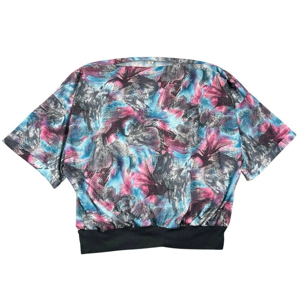 Vintage 80s Abstract Print Dolman Short Sleeve Boatneck Blouse Top USA - 12